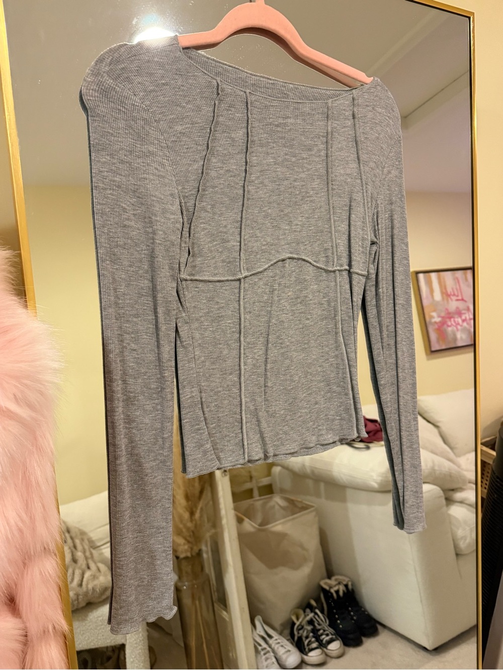 Express Gray Long Sleeve Seam-Panel Top